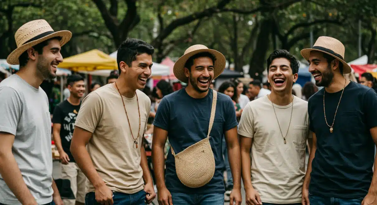Jóvenes mexicanos luciendo ropa sostenible y ecológica en un ambiente relajado.