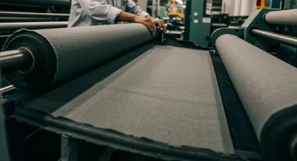 Trabajador textil mexicano inspeccionando tela sostenible en fábrica moderna, simbolizando calidad e innovación.
