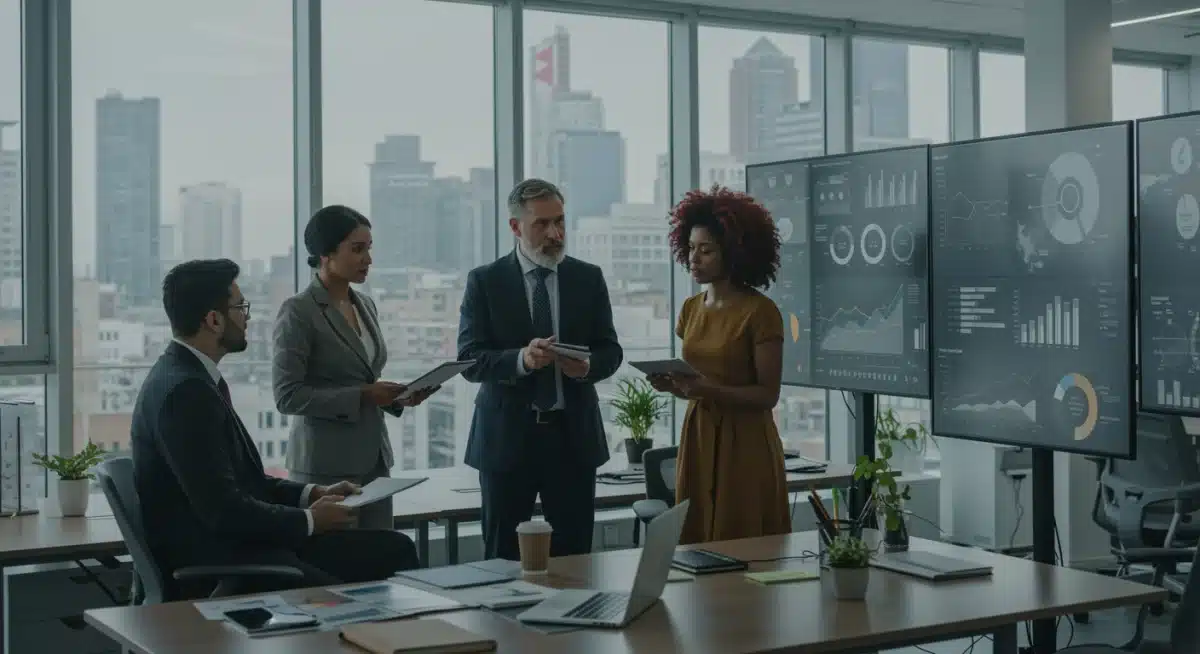 Profesionales analizando gráficos económicos en una sala de reuniones, discutiendo proyecciones y estrategias de inversión.