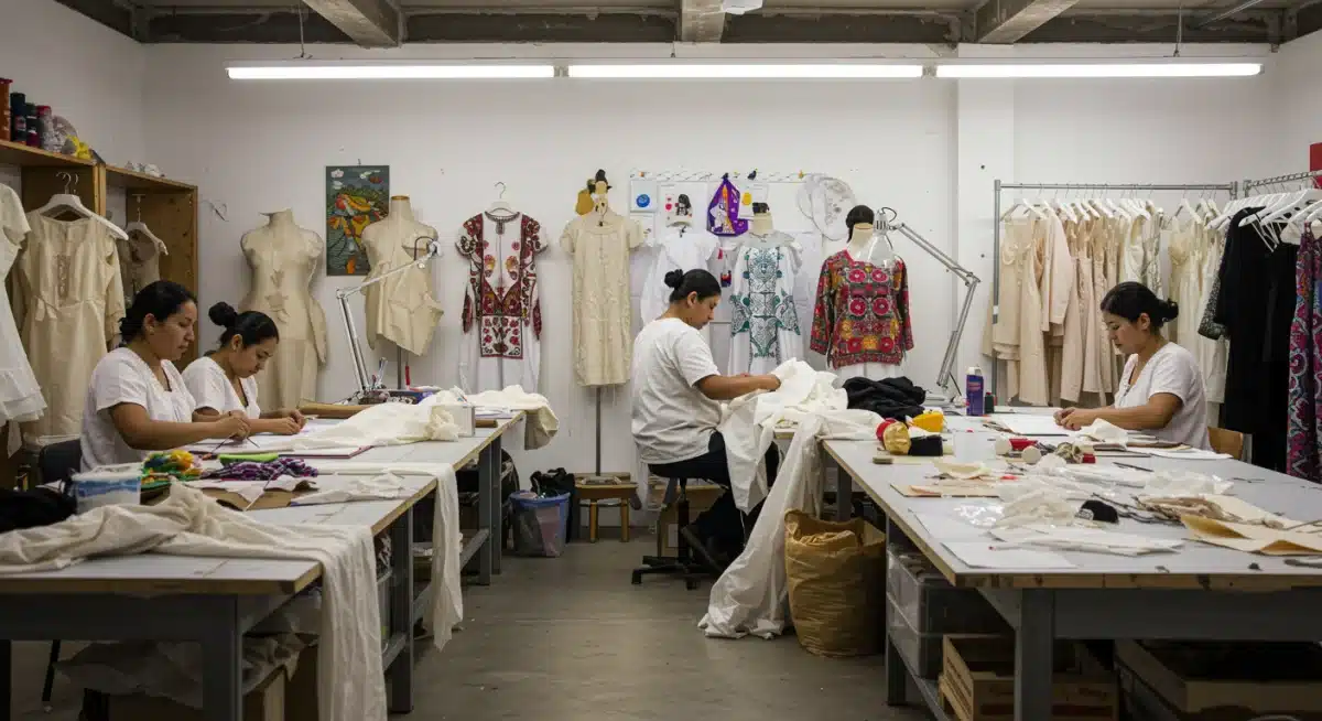 Artesanos mexicanos trabajando en un taller de moda sostenible, creando prendas únicas.