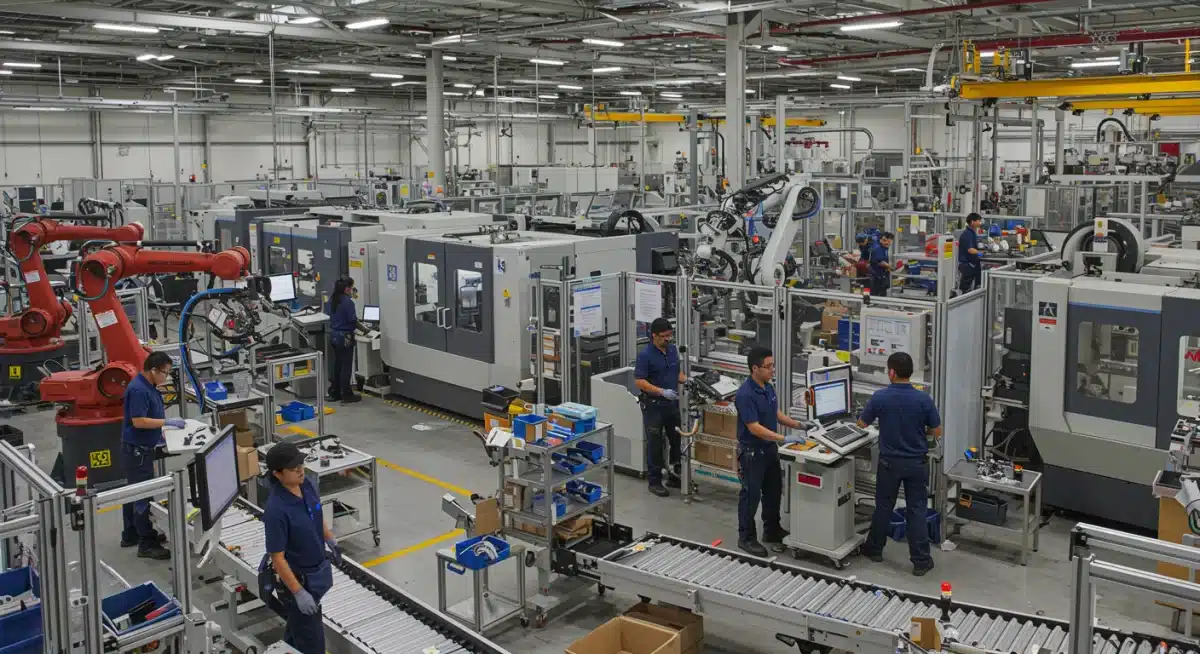 Trabajadores en una línea de producción moderna, mostrando la fuerza laboral y el impulso del nearshoring en México.