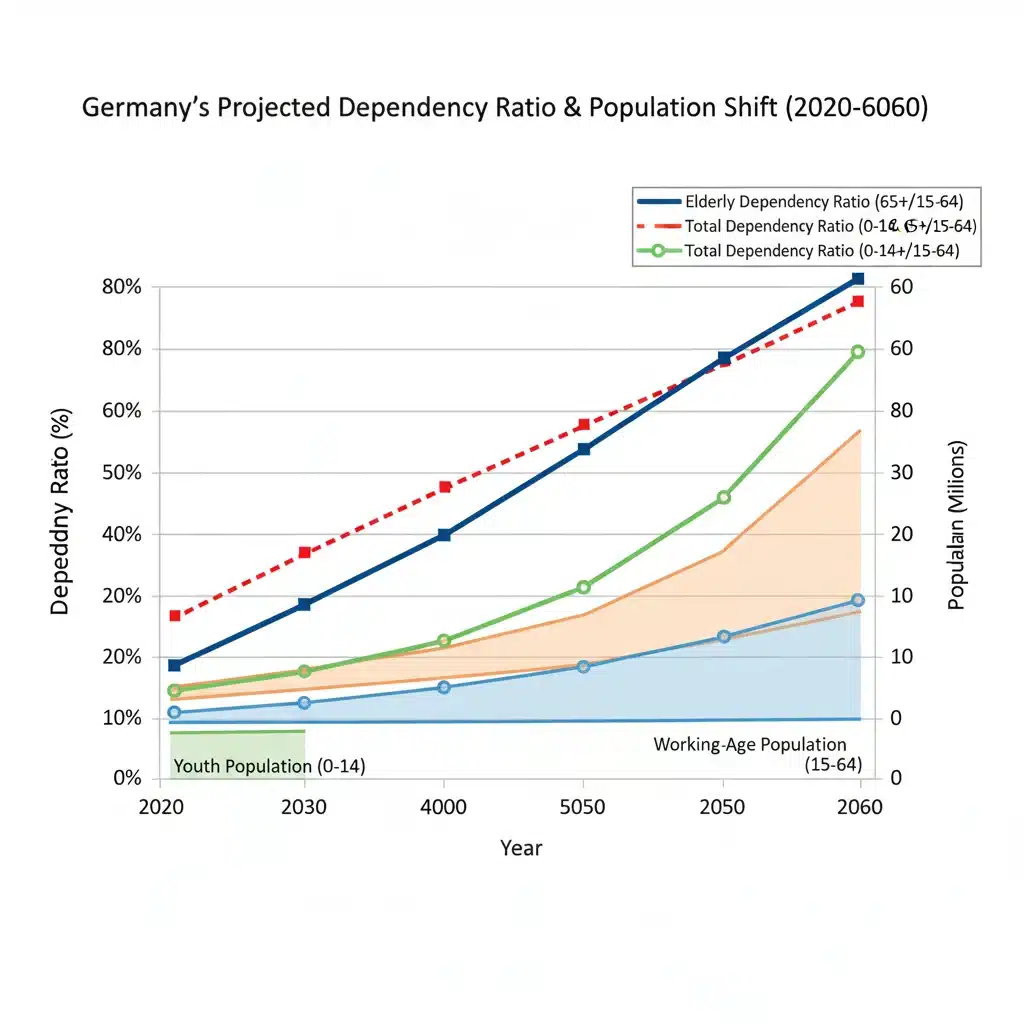 Diagramm der steigenden Abhängigkeitsquote in Deutschland, das die Belastung des Rentensystems darstellt.