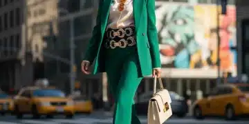 Modische Frau präsentiert Accessoires Trends 2026 mit Statement-Kette, strukturierter Tasche und breitem Gürtel.