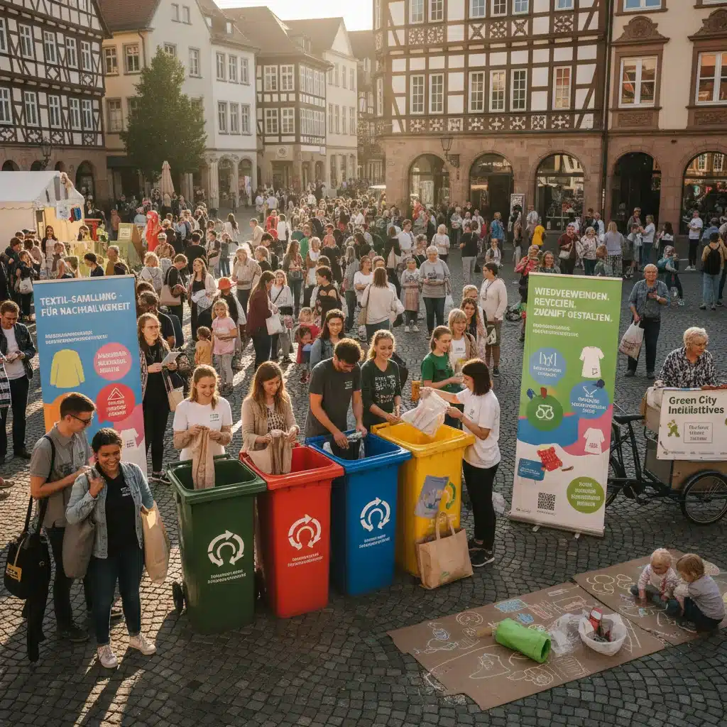 Gemeinschaftliche Sammelaktion für Altkleider in einer deutschen Stadt zur Förderung der Kreislaufwirtschaft.