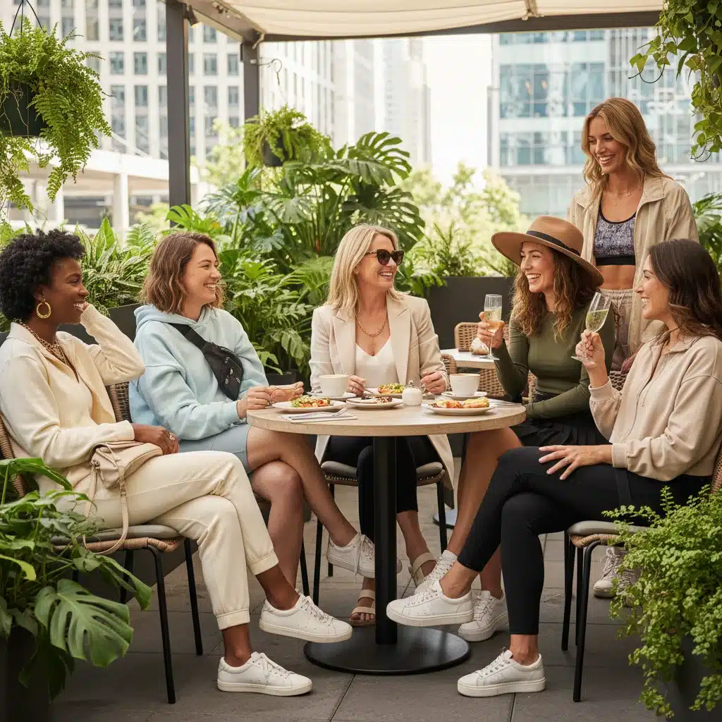 Frauen in Athleisure beim Brunch 2026