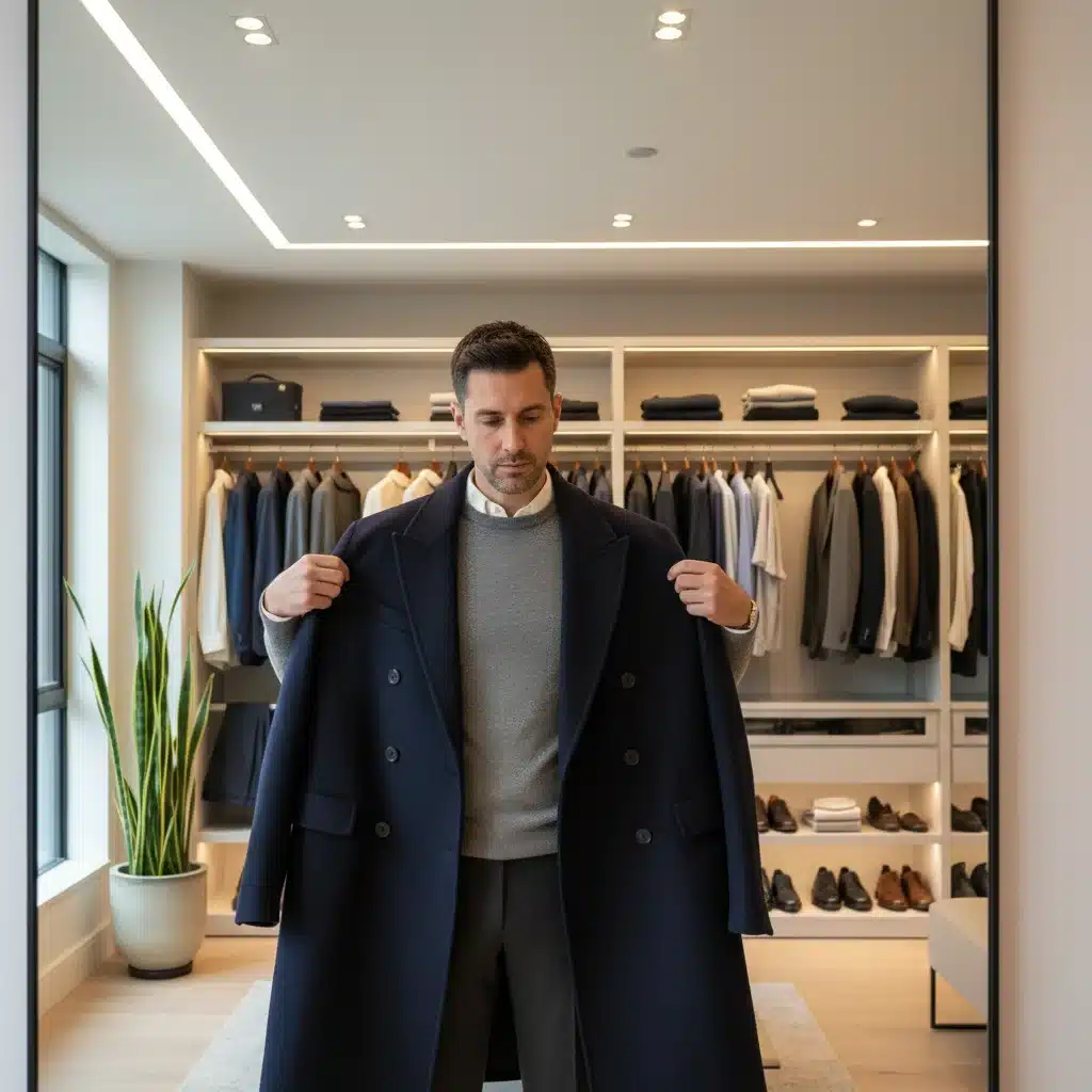 Mann wählt eine äußere Schicht für sein Layering-Outfit vor dem Spiegel