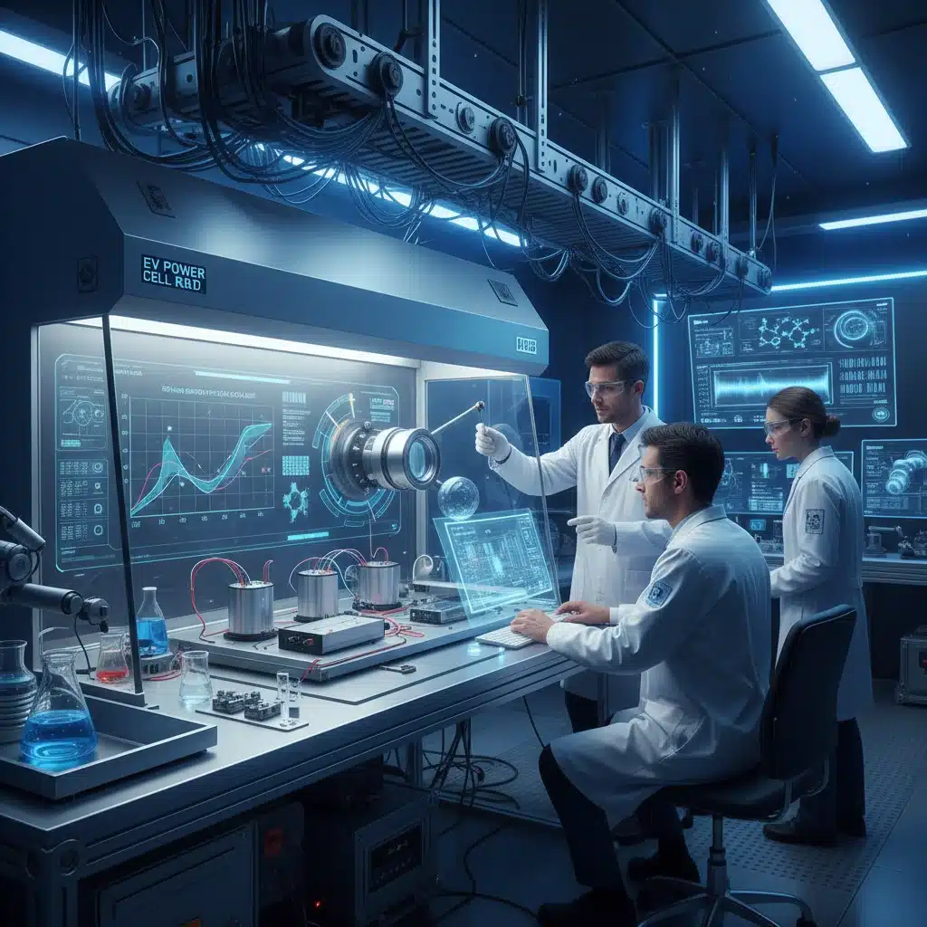 Ingenieure untersuchen Batteriezellen für Elektrofahrzeuge in einem Hightech-Labor, Fokus auf Forschung und Entwicklung der Elektromobilität.