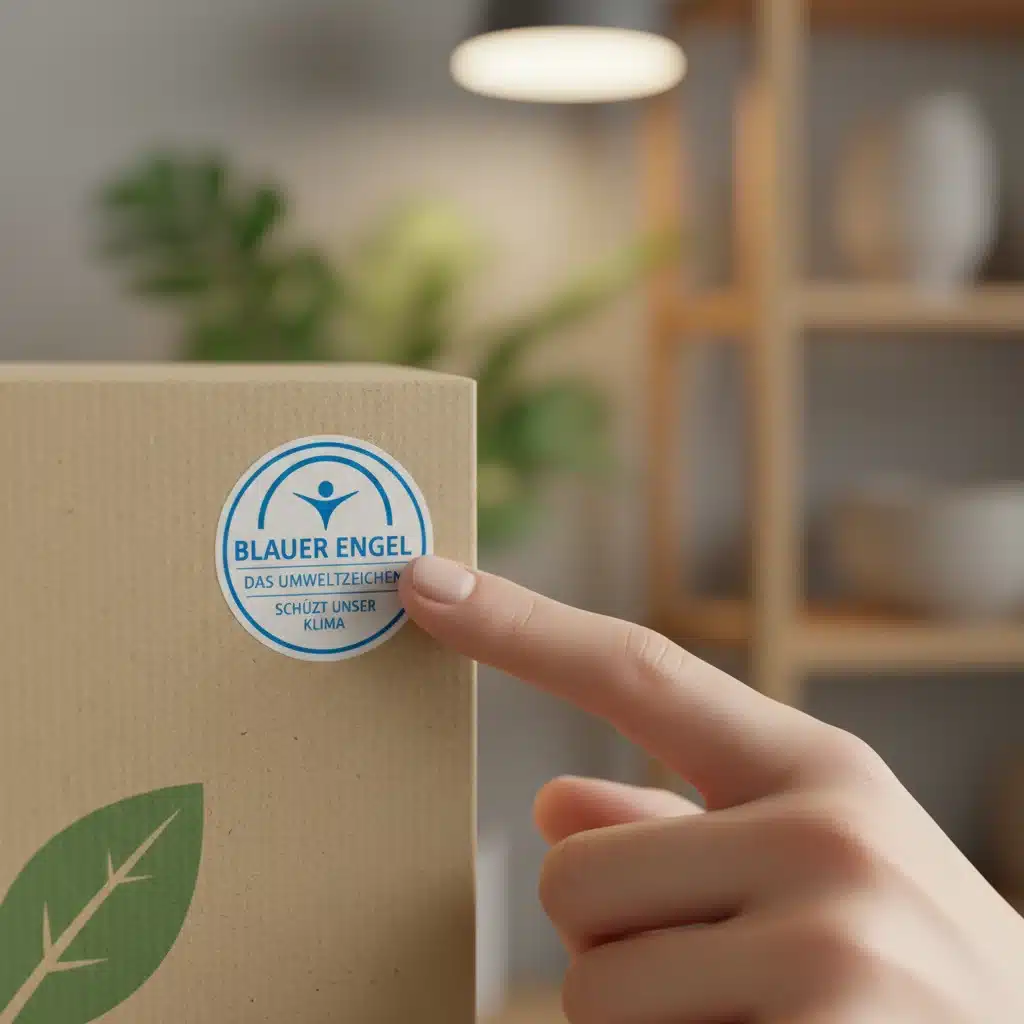 Hand hält Produkt mit Blauem Engel Label