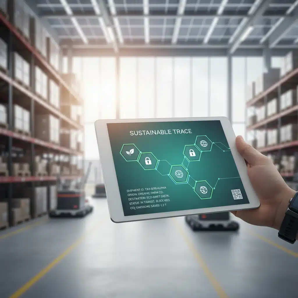 Hand hält Tablet mit Blockchain-Lieferketten-Tracking-Software in einem modernen Lager, symbolisierend digitale Transformation und Nachhaltigkeit.