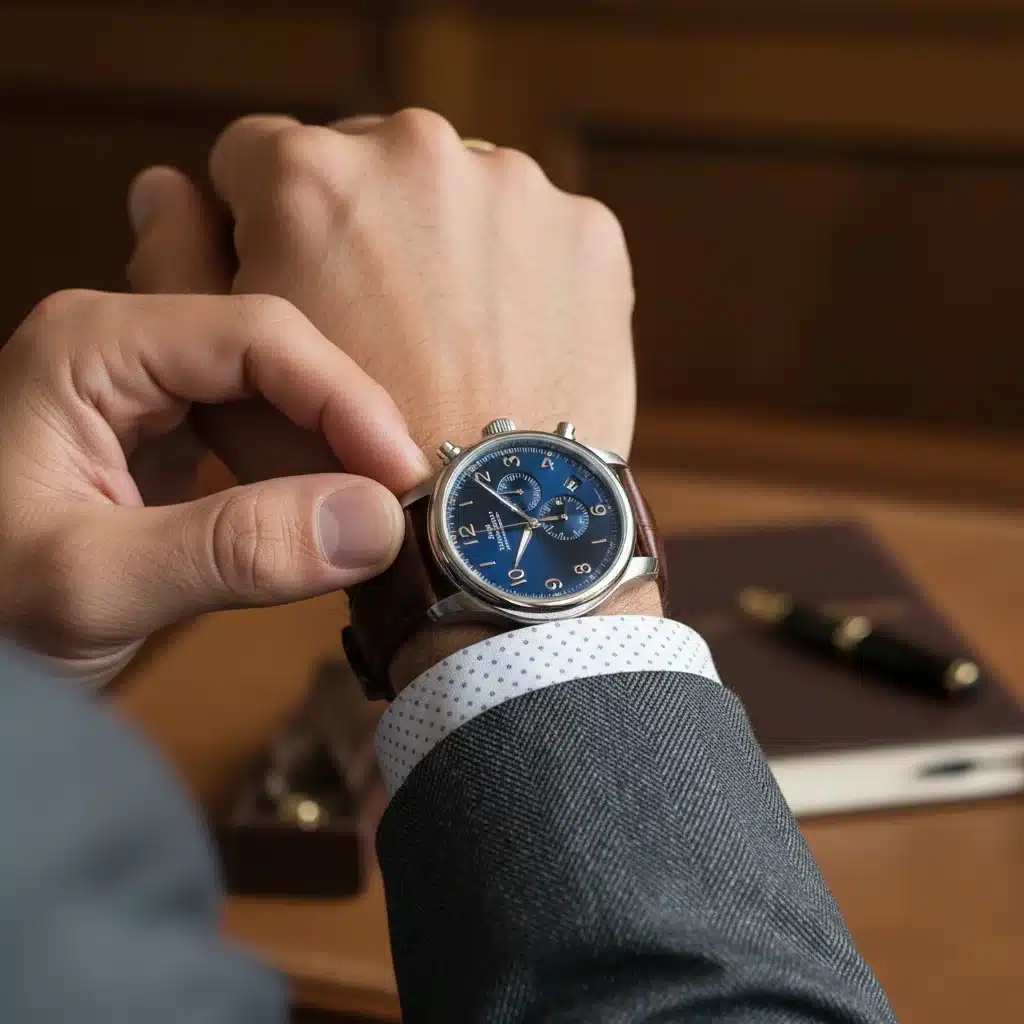 Detailaufnahme: Geschäftsmann justiert hochwertige Armbanduhr