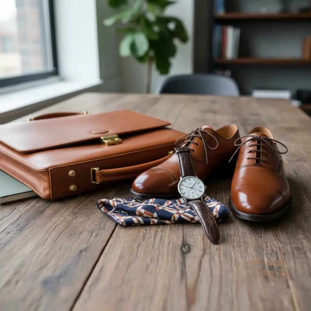 Auswahl an Business-Casual-Accessoires für Herren: Uhr, Schuhe, Einstecktuch, Aktentasche