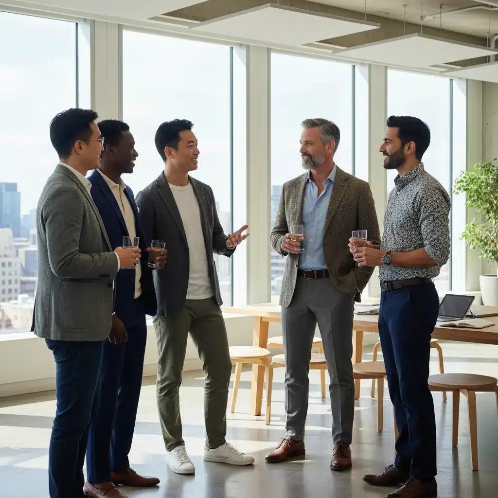 Männer in Business Casual Anzügen in einem modernen Büroambiente