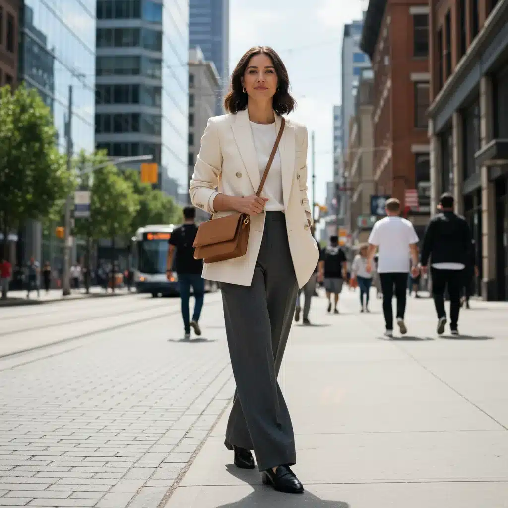 Frau in urbaner Umgebung, gekleidet in vielseitige Capsule-Wardrobe-Outfits.