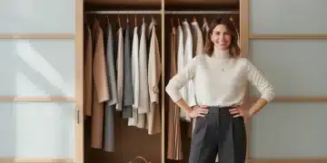 Stylische Frau vor minimalistischem Kleiderschrank mit ausgewählten Kleidungsstücken.