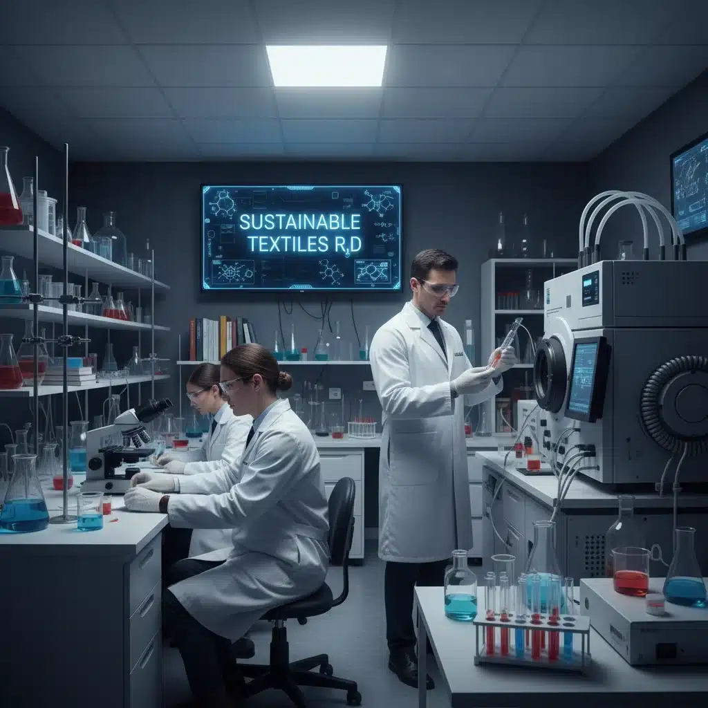 Wissenschaftler in einem Labor erforschen chemisches Textilrecycling für neue Fasern.