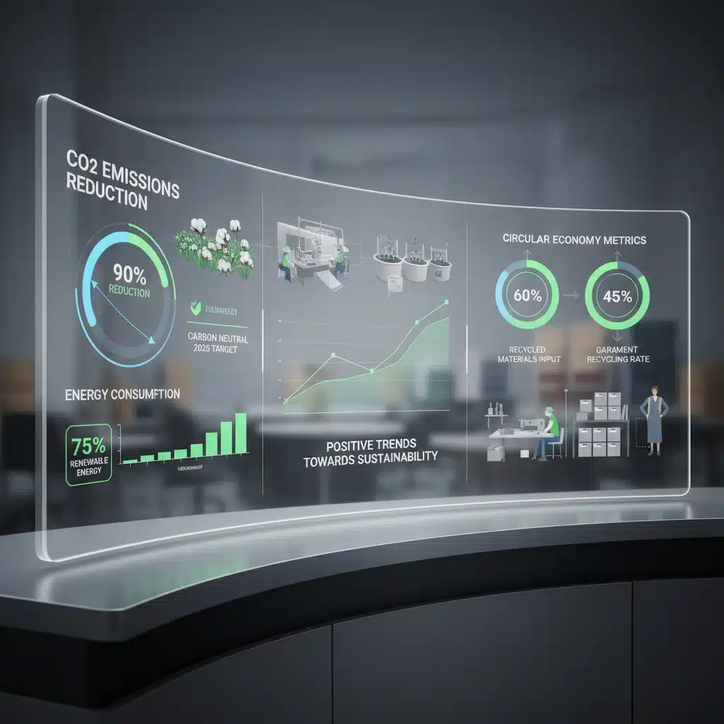 Digitales Dashboard zur Überwachung von CO2-Emissionen und Nachhaltigkeitskennzahlen in der Modeindustrie.