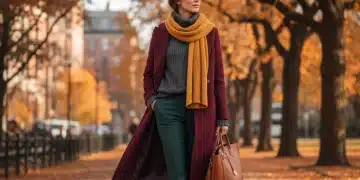 Stylische Frau in Burgund, Anthrazit und Waldgrün, Herbst/Winter 2026 Mode