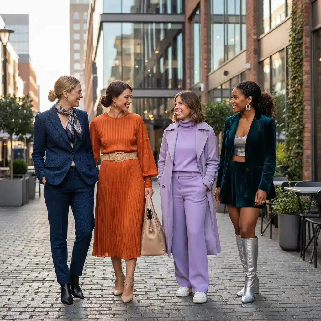 Vielfältige Frauen in aktuellen Farbtrends, stilvolle Herbst/Winter Mode 2026