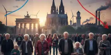 Illustration des demografischen Wandels in Deutschland mit älteren und jüngeren Generationen und wirtschaftlichen Symbolen.