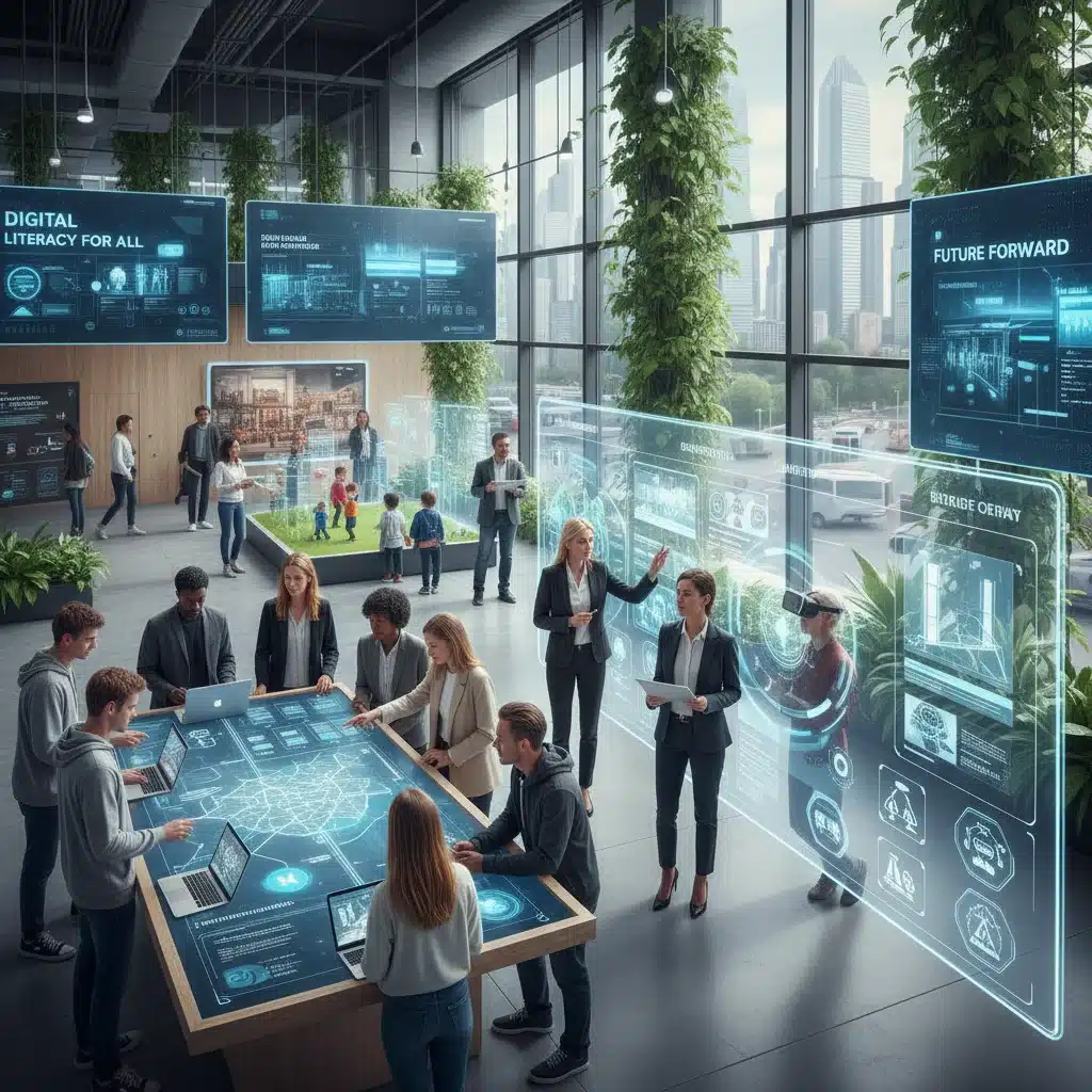 Menschen unterschiedlichen Alters nutzen digitale Lern- und Smart-City-Anwendungen, was den gesellschaftlichen Wandel verdeutlicht