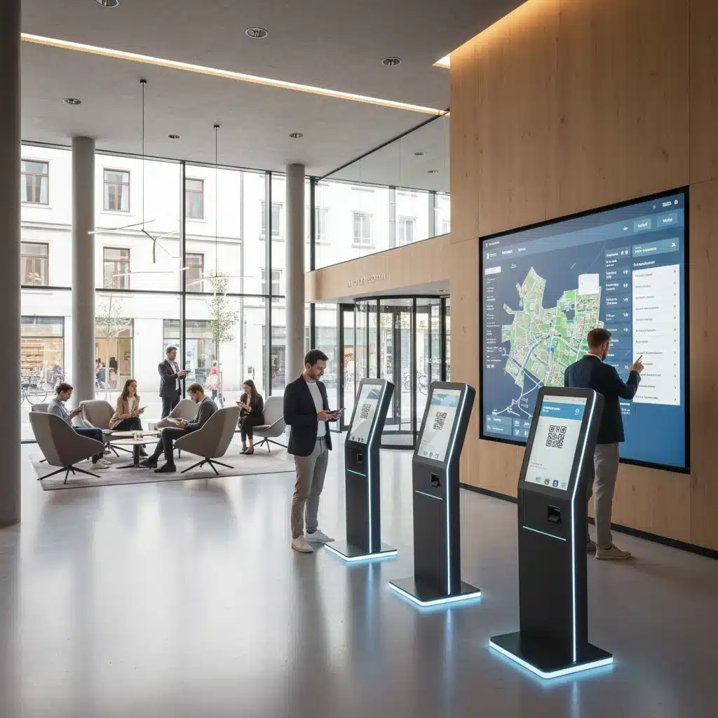 Moderne Hotellobby mit digitalen Check-in-Kiosken, die die Digitalisierung im deutschen Tourismus zeigt.