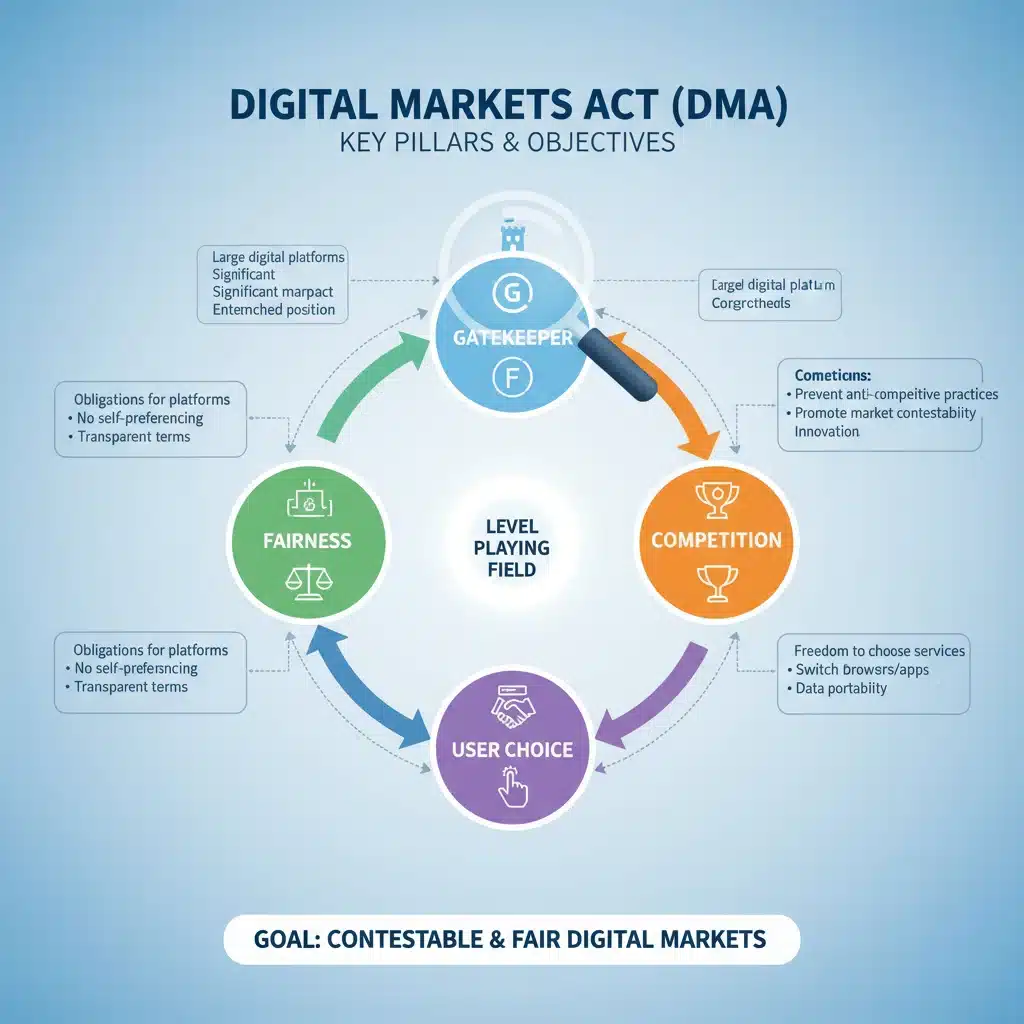 Infografik: Kernprinzipien des Digital Markets Act (DMA) für digitale Märkte