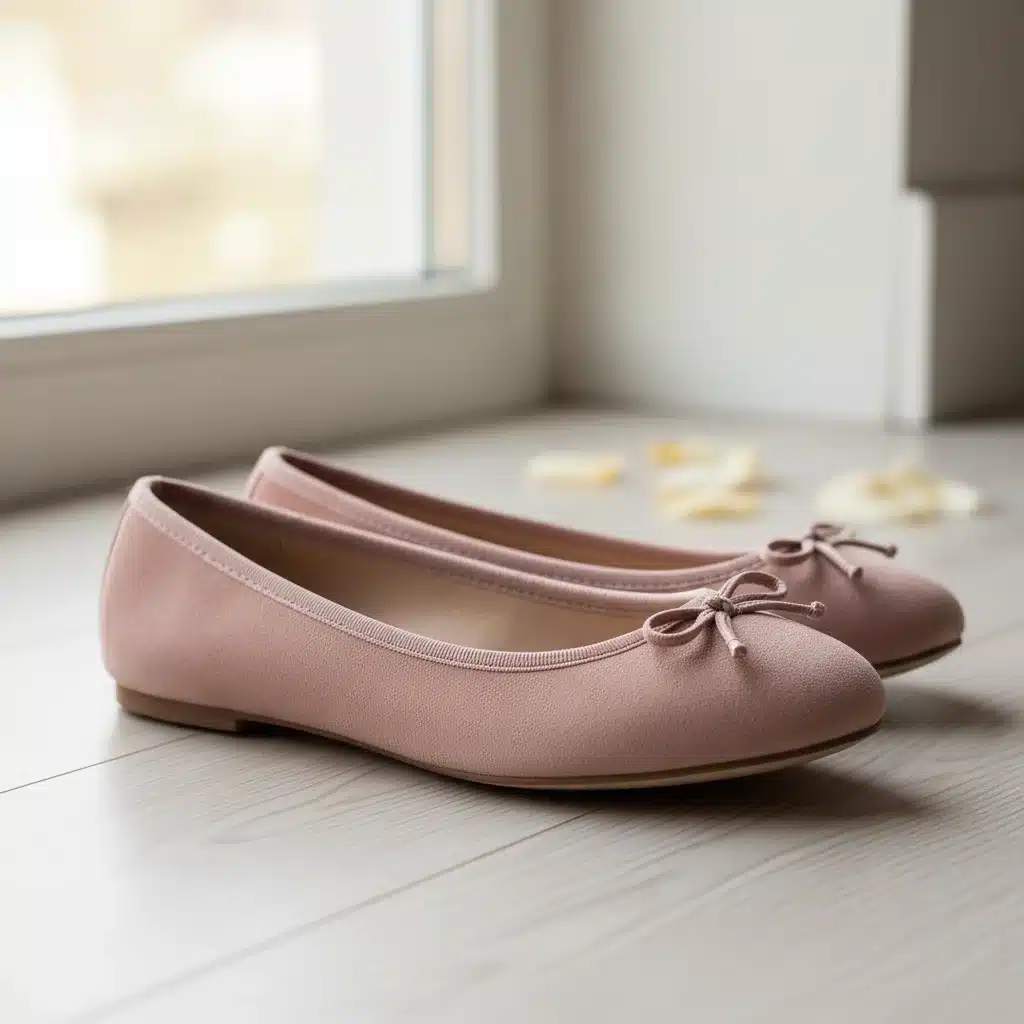 Nahaufnahme eleganter und bequemer Ballerinas in Pastellfarben