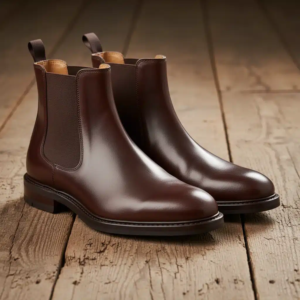 Nahaufnahme von eleganten Chelsea Boots aus hochwertigem Leder auf einem rustikalen Holzboden, ein Muss für jeden Mann.