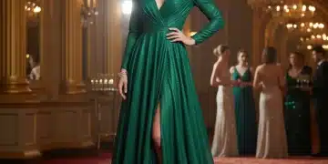 Elegante Frau in einem schimmernden Abendkleid bei einem festlichen Anlass, strahlend und stilvoll.