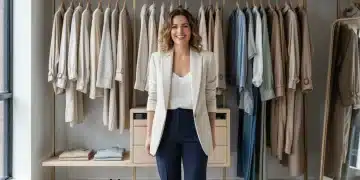 Elegante Frau in Blazer, die ihre optimierte Garderobe präsentiert.