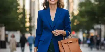Elegante Frau über 40 in stilvollem Blazer und Hose in einer modernen Stadtkulisse