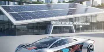 Futuristisches Elektroauto vor moderner deutscher Fabrik, Symbol für Innovation und Nachhaltigkeit in der Automobilindustrie Deutschland 2026.