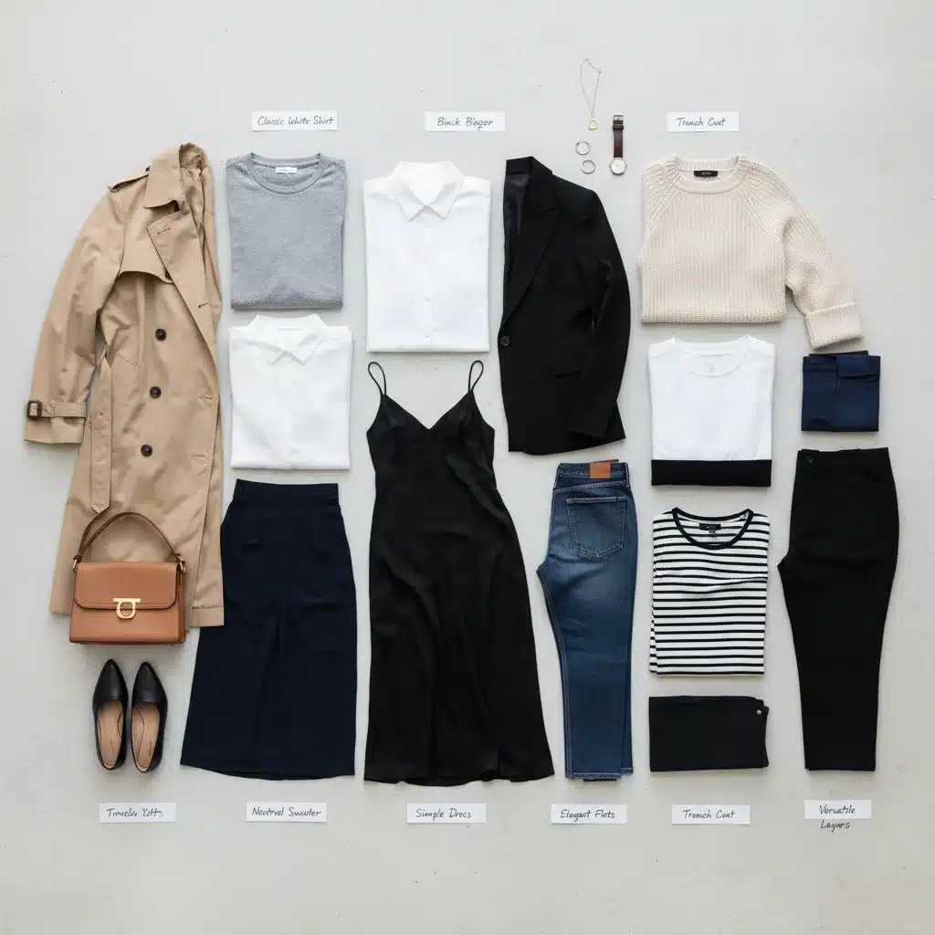Übersichtliche Anordnung von 15 essentiellen Kleidungsstücken für eine Capsule Wardrobe.