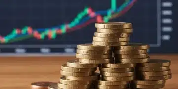 Euro-Münzen auf Holztisch mit verschwommenem Finanzdiagramm im Hintergrund, das die Zinsentwicklung symbolisiert.