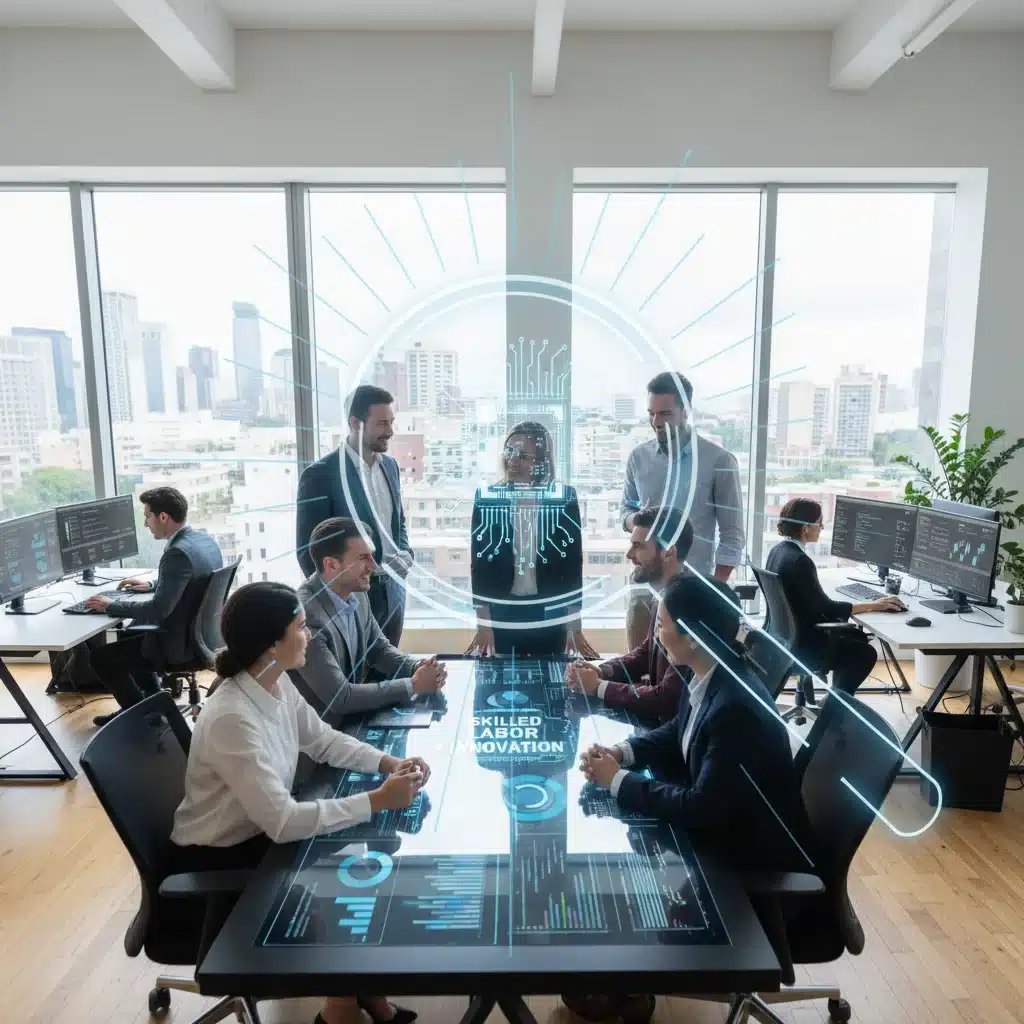 Diverse Gruppe von Fachkräften arbeitet zusammen in einem modernen Büro, symbolisiert Innovation und Fachkräftesicherung