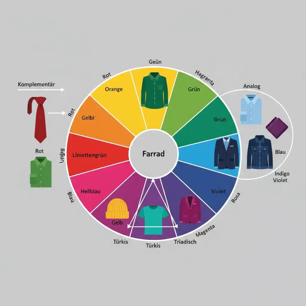 Farbkreis mit Beispielen für komplementäre, analoge und triadische Farbschemata in der Herrenmode.