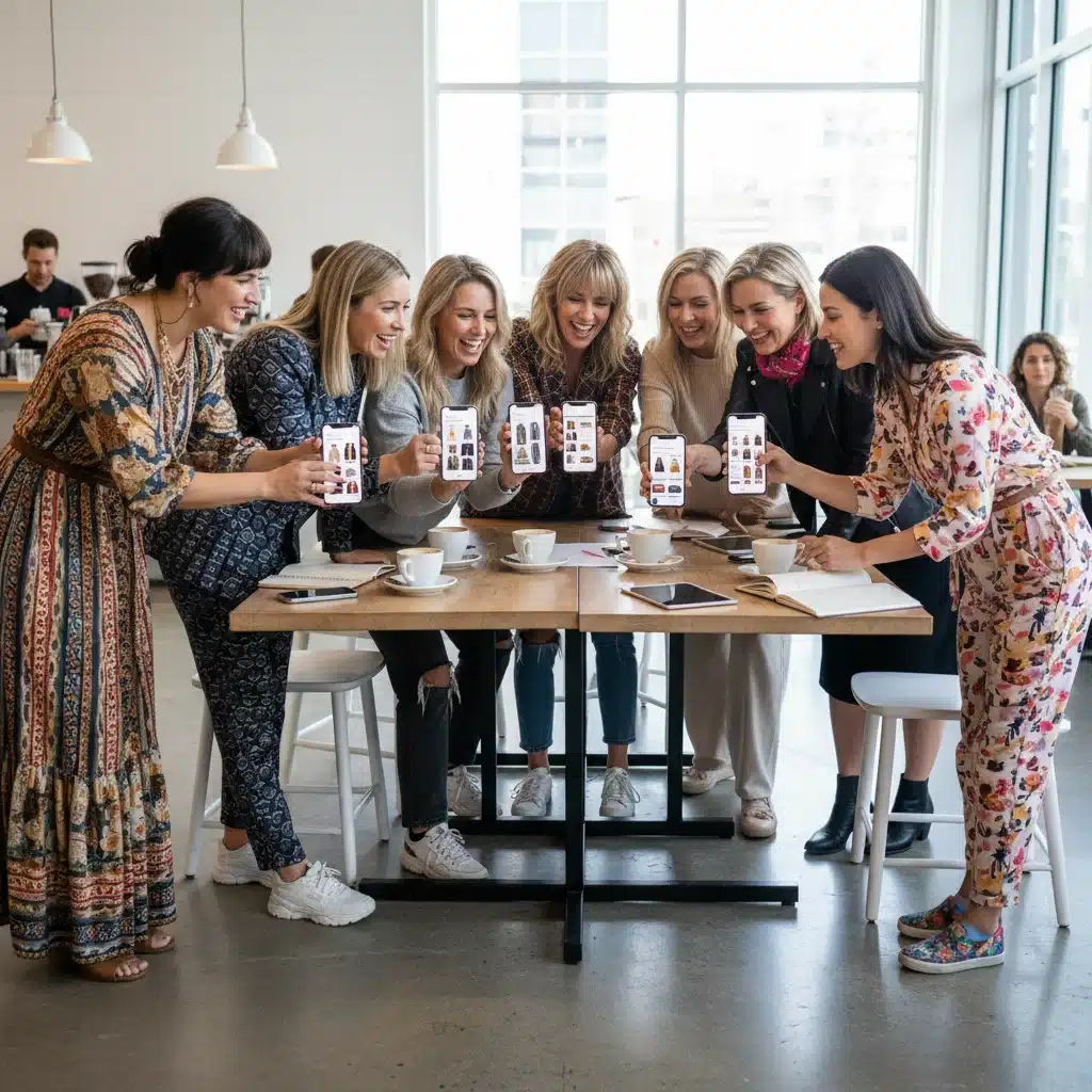 Gruppe von Frauen teilt personalisierte Styling-App-Ergebnisse