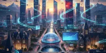 Futuristische Stadtansicht mit digitalen Elementen, die Deutschlands technologischen Fortschritt symbolisiert