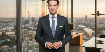Deutscher Geschäftsmann im Anzug, selbstbewusst im modernen Büro