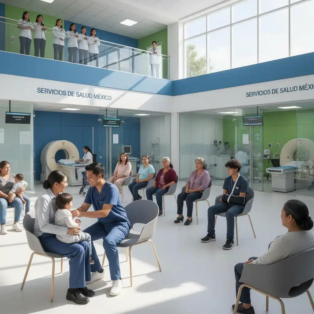 Ärzte und Patienten in einer modernen mexikanischen Klinik, die den Zugang zu Gesundheitsdiensten symbolisieren.