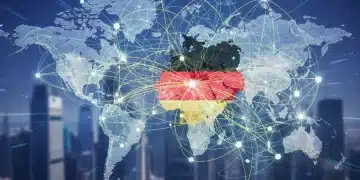 Komplexes globales Lieferkettennetzwerk mit deutscher Flagge und digitalen Elementen, das die Herausforderungen für deutsche Exporteure im Jahr 2026 darstellt.