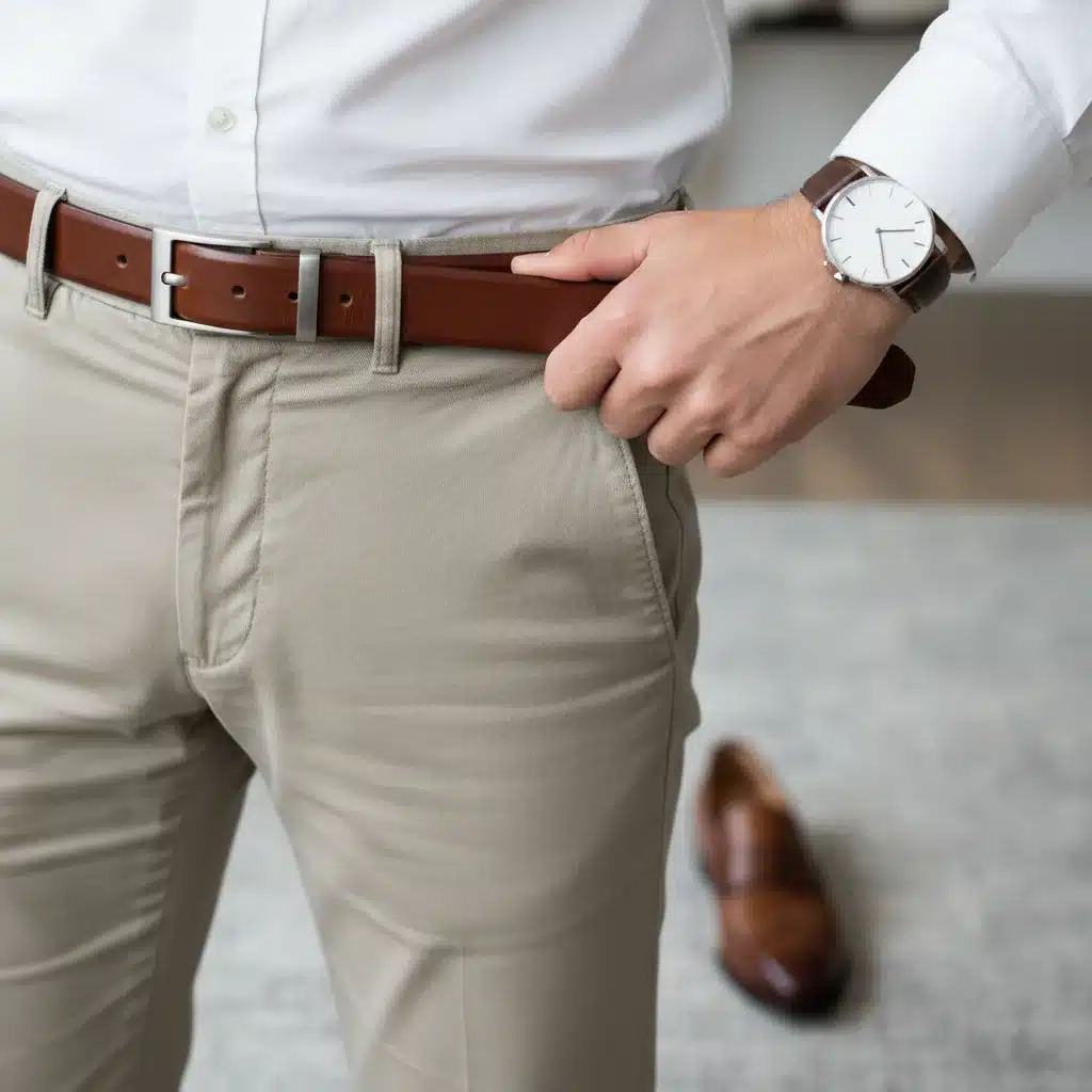 Mann mit Accessoires: Ledergürtel und elegante Uhr als Styling-Elemente.