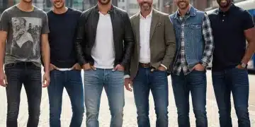 Männer in verschiedenen Jeansstilen und Passformen in einem modernen Stadtbild