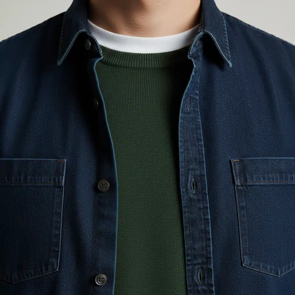 Herren-Outfit mit Layering-Technik: T-Shirt, Pullover und Hemd kombiniert.