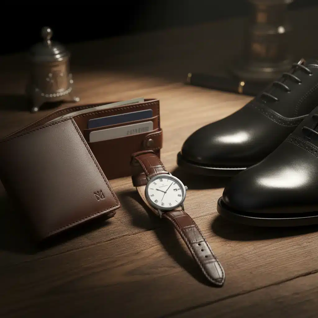 Hochwertige Lederaccessoires für Männer: Uhr, Geldbörse, Schuhe