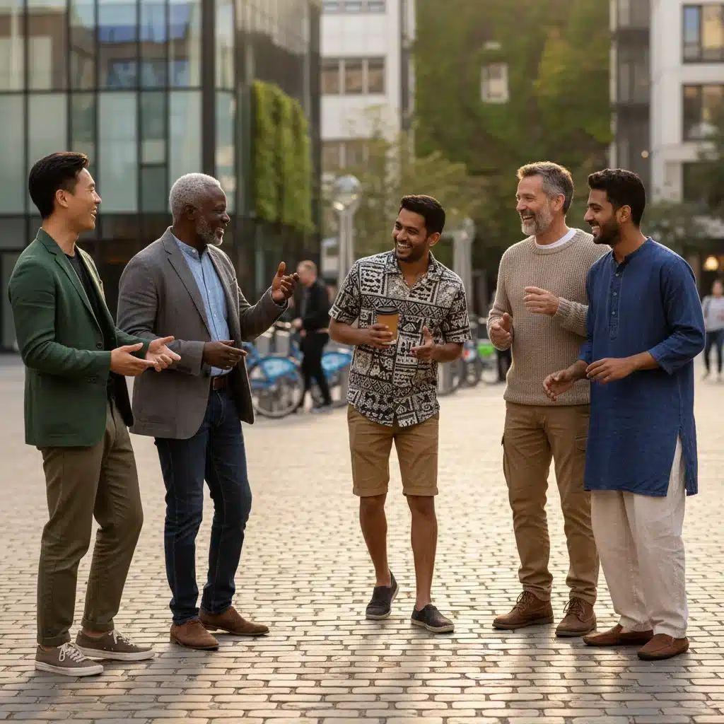 Männer in nachhaltiger Mode im urbanen Umfeld, Vielfalt
