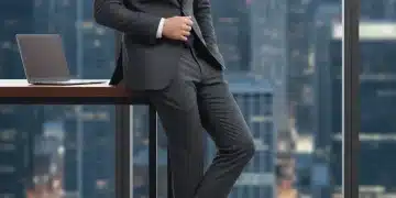Ein stilvoller Mann trägt elegante Oxford-Schuhe in einem modernen Büroambiente, symbolisch für die Herrenschuh-Trends 2026.
