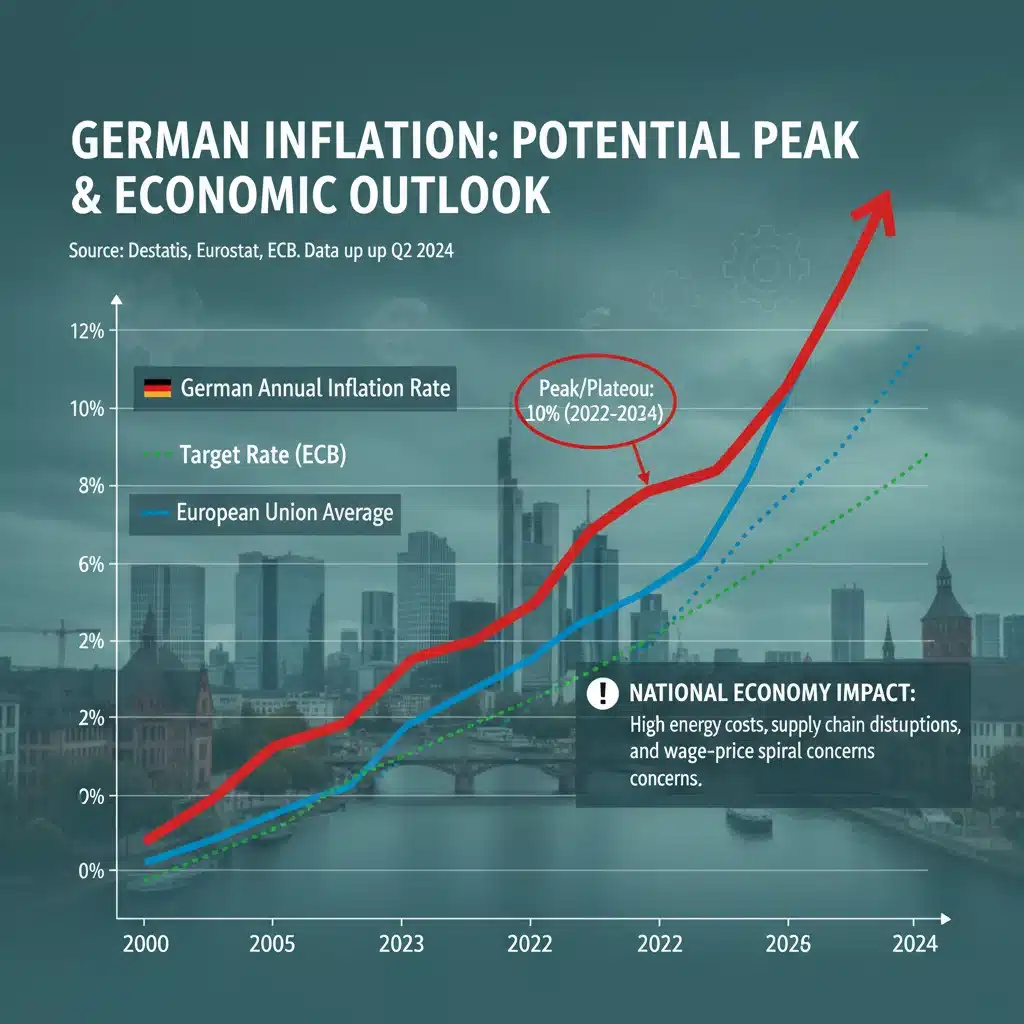 Diagramm der Inflationsraten mit steigenden Linien und einem roten Pfeil, der die wirtschaftliche Entwicklung in Deutschland darstellt