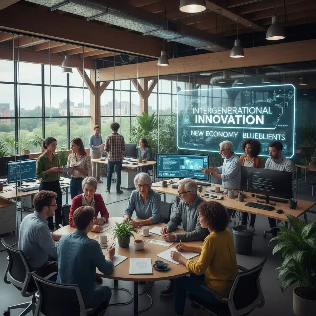 Menschen verschiedener Generationen arbeiten zusammen in einem modernen Büro, symbolisch für zukünftige Arbeitsmodelle.
