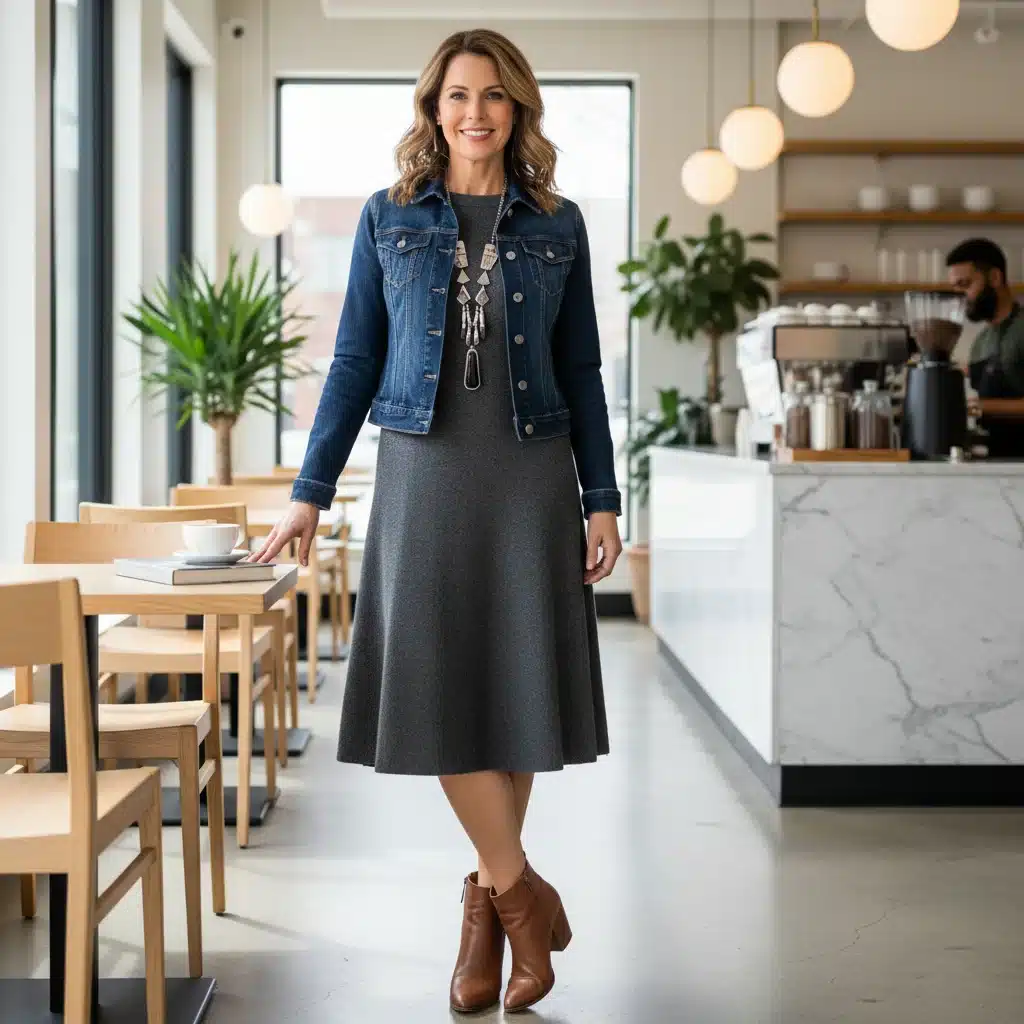 Frau über 40 trägt eine gut sitzende Jeansjacke über einem eleganten Kleid mit Statement-Schmuck